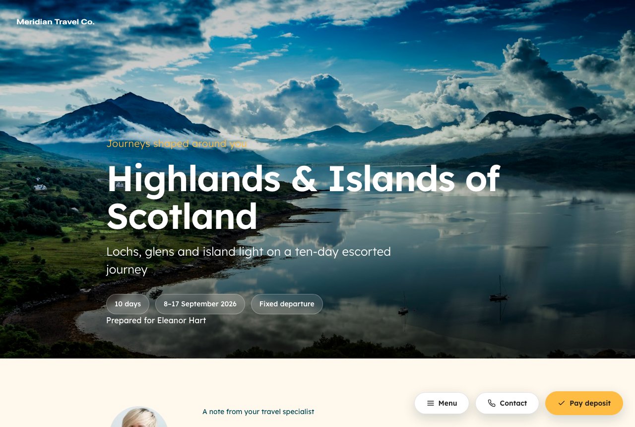 A travel proposal rendered by Edge Docs for the fictional Meridian Travel Co., with a full-bleed hero image, trip facts, and a payment button